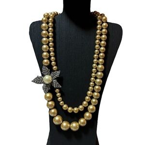 Vintage Double Strand of Ivory Baroque Pearls w/ Rhinestone & Pearl Pendant 18"